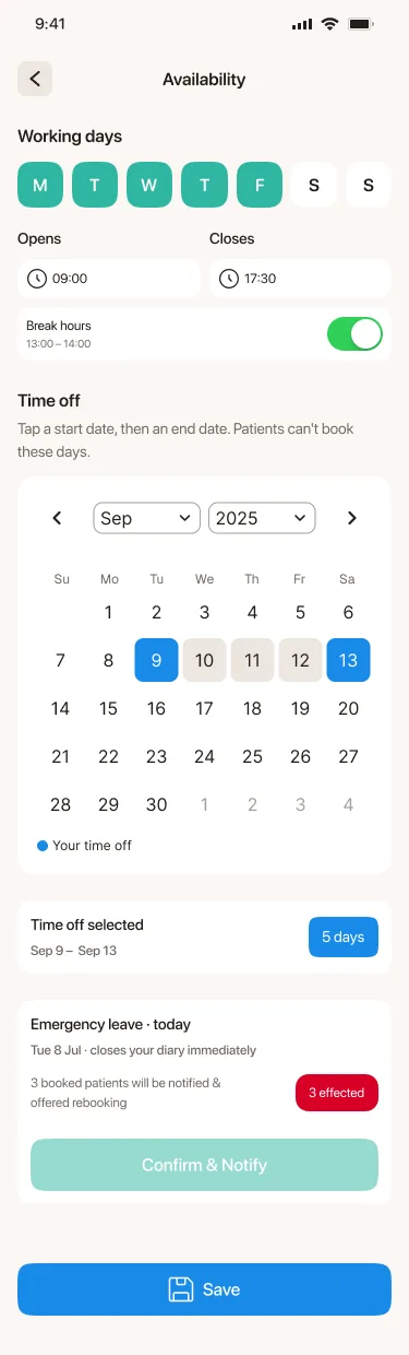 Practice app: opening and closing availability