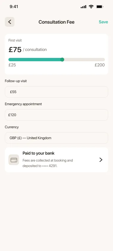 Practice app: setting the consultation fee