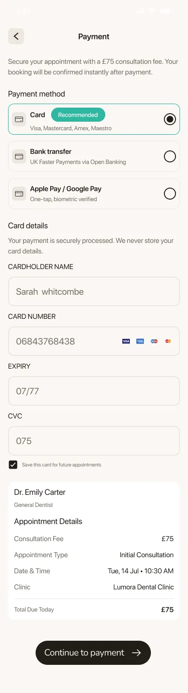 Patient app: paying the consultation fee at booking